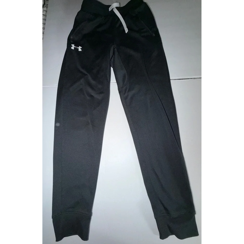 Under Armour Boys Black Track Pants Athletic Joggers Zipper Pockets Kids Small